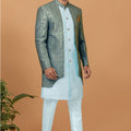 Men's Teal Blue Brocade Silk Indo Western Sherwani Pant Style - Mangaldeep NX