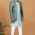 Men's Teal Blue Brocade Silk Indo Western Sherwani Pant Style - Mangaldeep NX