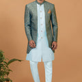 Men's Teal Blue Brocade Silk Indo Western Sherwani Pant Style - Mangaldeep NX