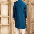 Men's Teal Blue Mirror Embroidered Art Silk Kurta with Off - White Pyjama - Mangaldeep NX