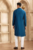 Men's Teal Blue Mirror Embroidered Art Silk Kurta with Off - White Pyjama - Mangaldeep NX