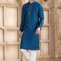 Men's Teal Blue Mirror Embroidered Art Silk Kurta with Off - White Pyjama - Mangaldeep NX