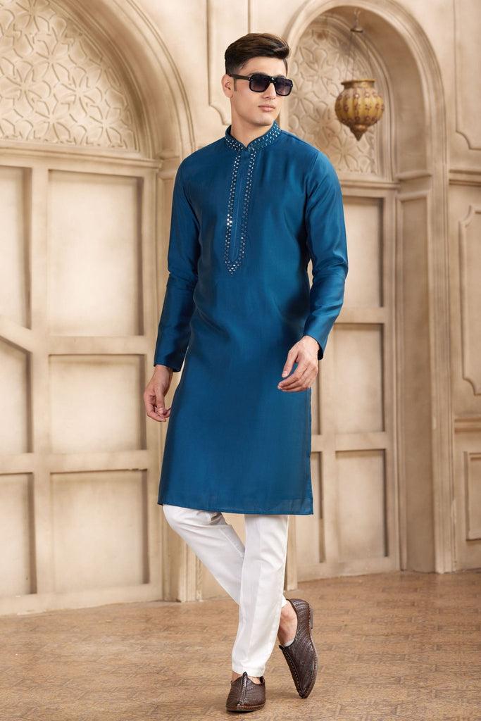 Men's Teal Blue Mirror Embroidered Art Silk Kurta with Off - White Pyjama - Mangaldeep NX