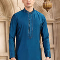 Men's Teal Blue Mirror Embroidered Art Silk Kurta with Off - White Pyjama - Mangaldeep NX