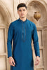 Men's Teal Blue Mirror Embroidered Art Silk Kurta with Off - White Pyjama - Mangaldeep NX