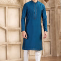 Men's Teal Blue Mirror Embroidered Art Silk Kurta with Off - White Pyjama - Mangaldeep NX