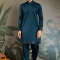Men's Teal Green Mirror Embroidered Art Silk Kurta with Matching Pyjama - Mangaldeep NX