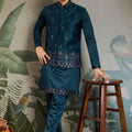 Men's Teal Green Mirror Embroidered Art Silk Kurta with Matching Pyjama - Mangaldeep NX