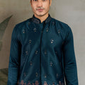Men's Teal Green Mirror Embroidered Art Silk Kurta with Matching Pyjama - Mangaldeep NX