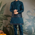 Men's Teal Green Mirror Embroidered Art Silk Kurta with Matching Pyjama - Mangaldeep NX