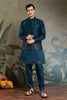 Men's Teal Green Mirror Embroidered Art Silk Kurta with Matching Pyjama - Mangaldeep NX