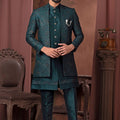 Men's Teal Green Thread Embroidered Indo - Western with Geometric Pattern Jacket - Mangaldeep NX