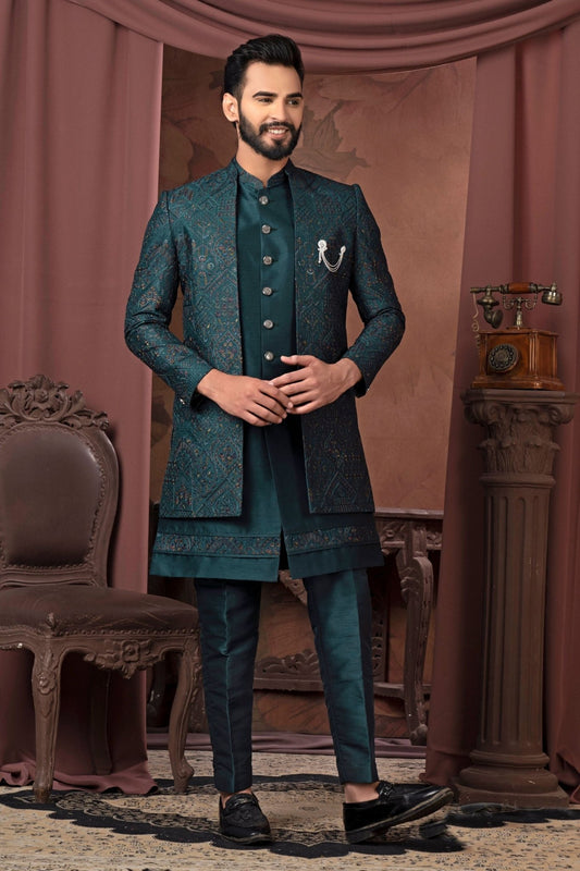 Men's Teal Green Thread Embroidered Indo - Western with Geometric Pattern Jacket - Mangaldeep NX