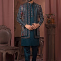 Men's Teal Green Thread Embroidered Indo - Western with Multicolor Geometric Jacket - Mangaldeep NX