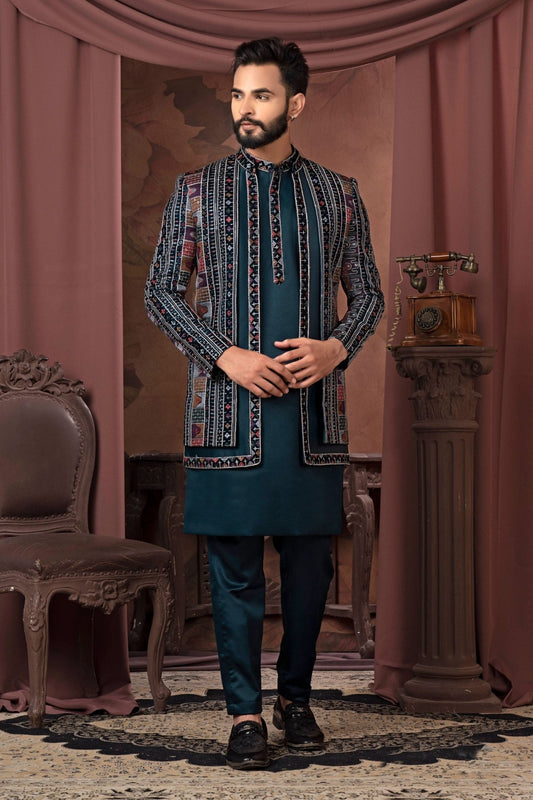 Men's Teal Green Thread Embroidered Indo - Western with Multicolor Geometric Jacket - Mangaldeep NX