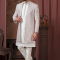 Men's White Indo - Western with Pink Printed Jacket and White Pyjama Set - Mangaldeep NX