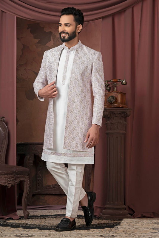 Men's White Indo - Western with Pink Printed Jacket and White Pyjama Set - Mangaldeep NX