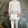 Men's White Mirror Embroidered Art Silk Kurta with Matching Pyjama - Mangaldeep NX