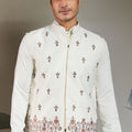 Men's White Mirror Embroidered Art Silk Kurta with Matching Pyjama - Mangaldeep NX