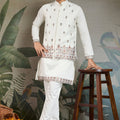 Men's White Mirror Embroidered Art Silk Kurta with Matching Pyjama - Mangaldeep NX