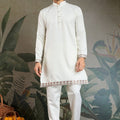 Men's White Mirror Embroidered Art Silk Kurta with Matching Pyjama - Mangaldeep NX