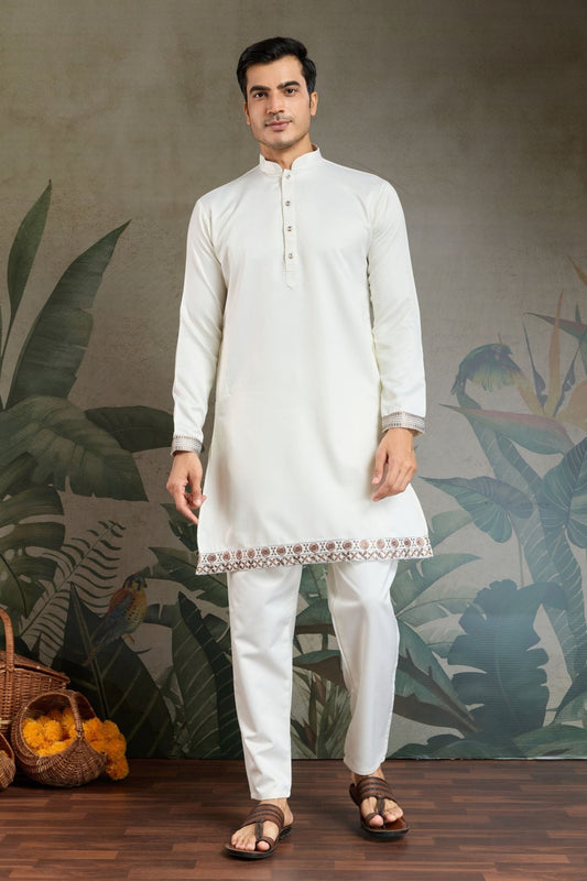 Men's White Mirror Embroidered Art Silk Kurta with Matching Pyjama - Mangaldeep NX