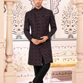 Men's Wine and Black Art Silk Indo - Western Suit with Geometric Pattern - Mangaldeep NX