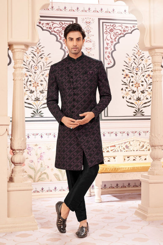 Men's Wine and Black Art Silk Indo - Western Suit with Geometric Pattern - Mangaldeep NX