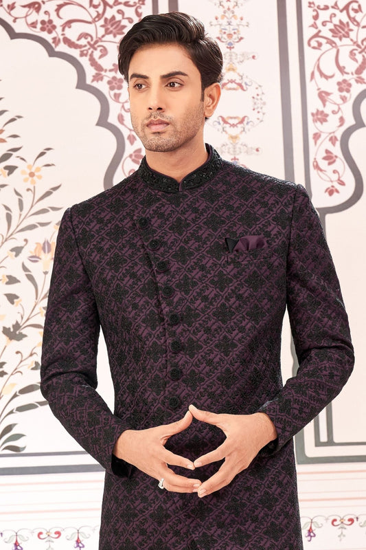 Men's Wine and Black Art Silk Indo - Western Suit with Geometric Pattern - Mangaldeep NX