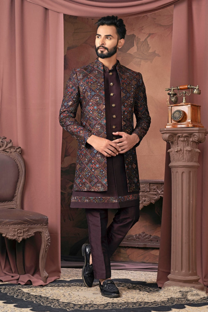 Men's Wine Embroidered Indo - Western Outfit for Weddings and Festive Occasions - Mangaldeep NX