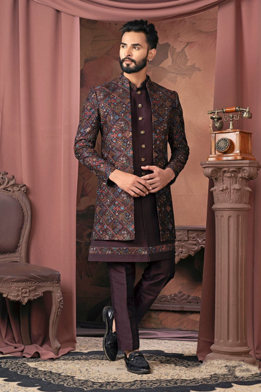 Men's Wine Embroidered Indo - Western Outfit for Weddings and Festive Occasions - Mangaldeep NX