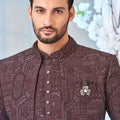 Men's Wine Embroidered Indo - Western Suit with Mirror Work and Printed Jacket - Mangaldeep NX
