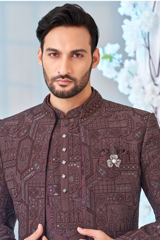 Men's Wine Embroidered Indo - Western Suit with Mirror Work and Printed Jacket - Mangaldeep NX