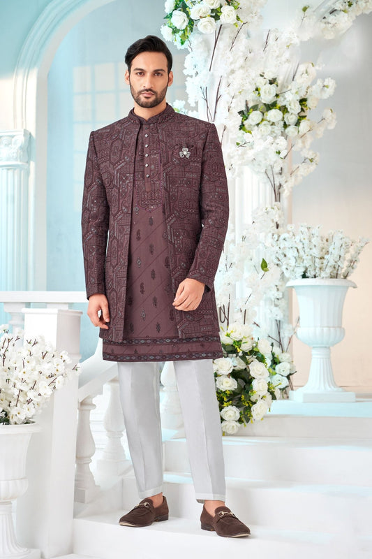 Men's Wine Embroidered Indo - Western Suit with Mirror Work and Printed Jacket - Mangaldeep NX