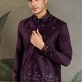 Men's Wine Mirror Embroidered Art Silk Kurta with Matching Pyjama - Mangaldeep NX