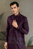 Men's Wine Mirror Embroidered Art Silk Kurta with Matching Pyjama - Mangaldeep NX