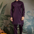 Men's Wine Mirror Embroidered Art Silk Kurta with Matching Pyjama - Mangaldeep NX