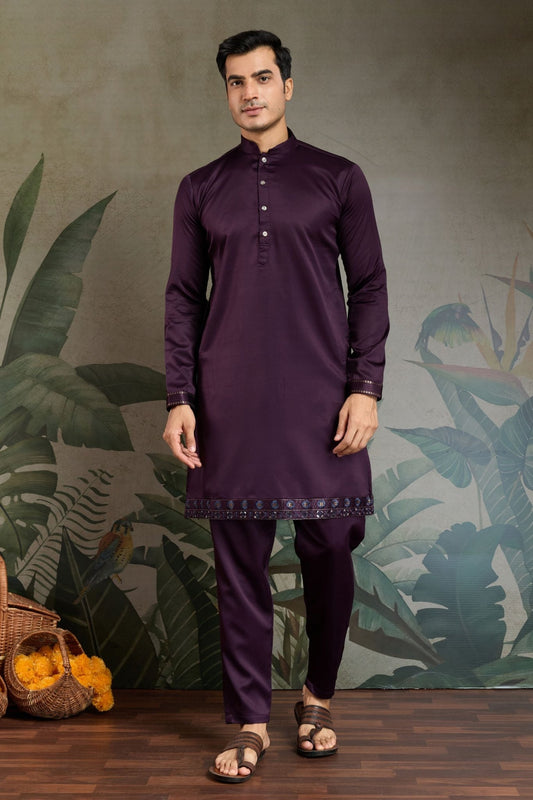 Men's Wine Mirror Embroidered Art Silk Kurta with Matching Pyjama - Mangaldeep NX