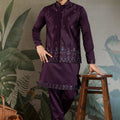 Men's Wine Mirror Embroidered Art Silk Kurta with Matching Pyjama - Mangaldeep NX