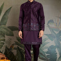 Men's Wine Mirror Embroidered Art Silk Kurta with Matching Pyjama - Mangaldeep NX