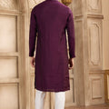 Men's Wine Mirror Embroidered Art Silk Kurta with Off - White Pyjama - Mangaldeep NX
