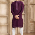 Men's Wine Mirror Embroidered Art Silk Kurta with Off - White Pyjama - Mangaldeep NX