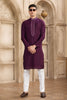 Men's Wine Mirror Embroidered Art Silk Kurta with Off - White Pyjama - Mangaldeep NX