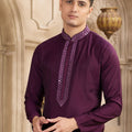 Men's Wine Mirror Embroidered Art Silk Kurta with Off - White Pyjama - Mangaldeep NX