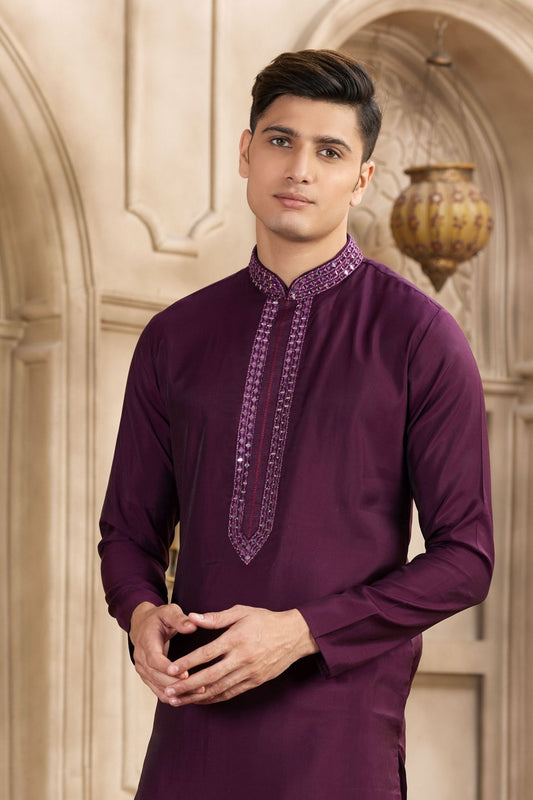 Men's Wine Mirror Embroidered Art Silk Kurta with Off - White Pyjama - Mangaldeep NX