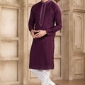 Men's Wine Mirror Embroidered Art Silk Kurta with Off - White Pyjama - Mangaldeep NX