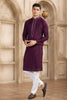 Men's Wine Mirror Embroidered Art Silk Kurta with Off - White Pyjama - Mangaldeep NX