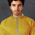 Men's Yellow Art Silk Kurta Pyjama Set with Mirror Embroidered Placket - Mangaldeep NX
