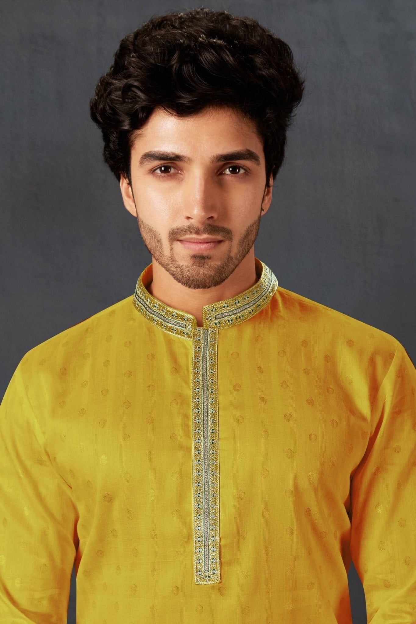 Men's Yellow Art Silk Kurta Pyjama Set with Mirror Embroidered Placket - Mangaldeep NX