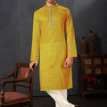 Men's Yellow Art Silk Kurta Pyjama Set with Mirror Embroidered Placket - Mangaldeep NX